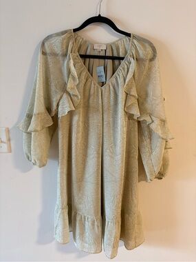 LOFT Light Sage Ruffle V-Neck Long Sleeve Dress